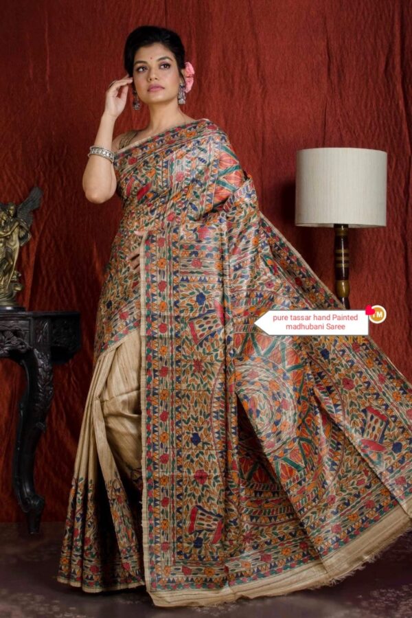 Full Madhubani Painted Ghicha Tussar Silk Saree