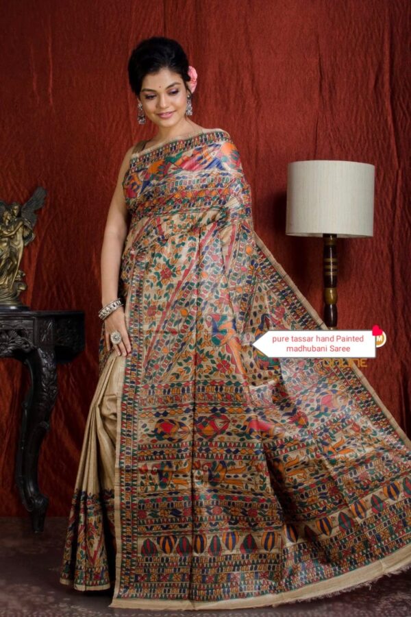 Full Madhubani Painted Ghicha Tussar Silk Saree