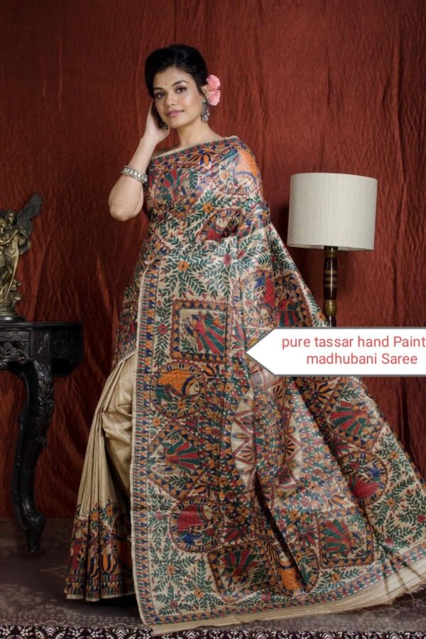 Full Madhubani Painted Ghicha Tussar Silk Saree