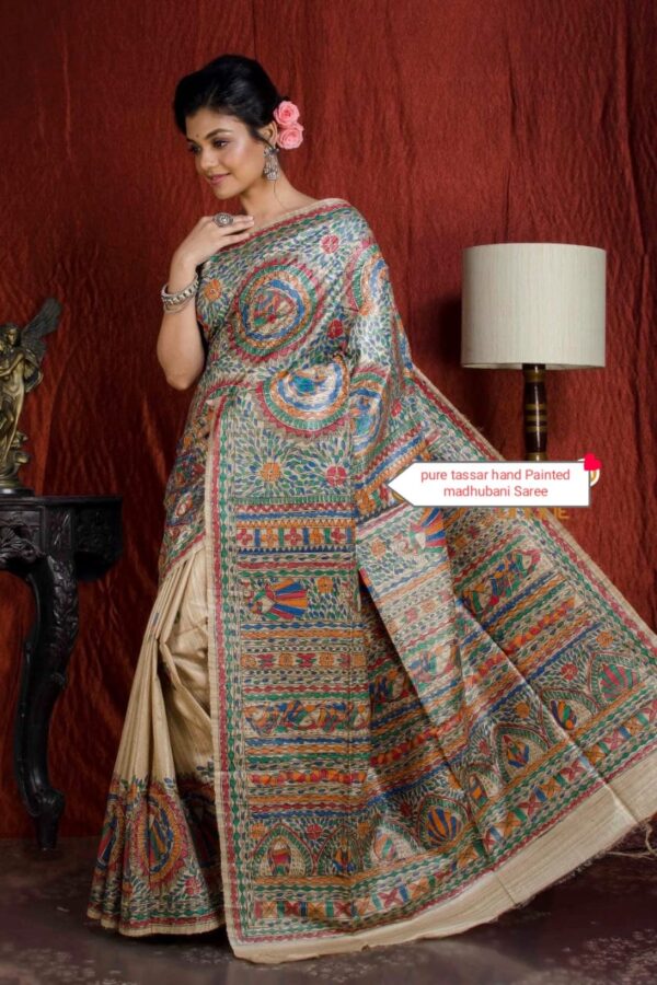 Full Madhubani Painted Ghicha Tussar Silk Saree