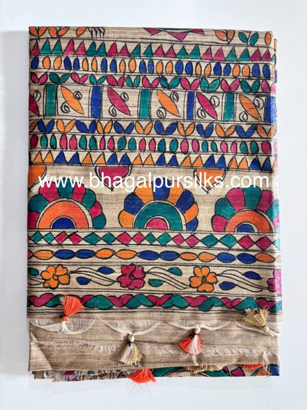 Full Madhubani Painted Ghicha Tussar Silk Saree - Image 3