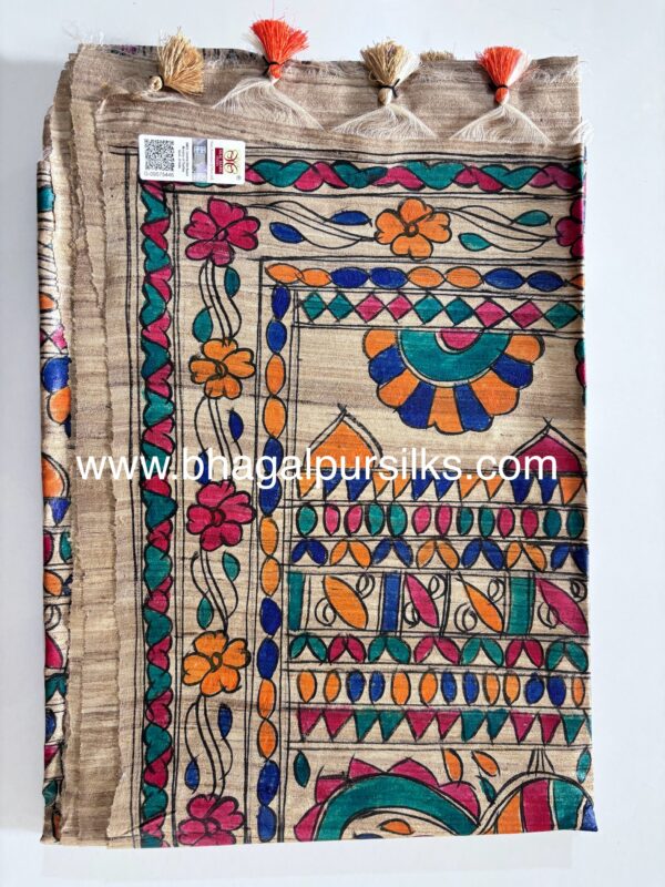 Full Madhubani Painted Ghicha Tussar Silk Saree - Image 4