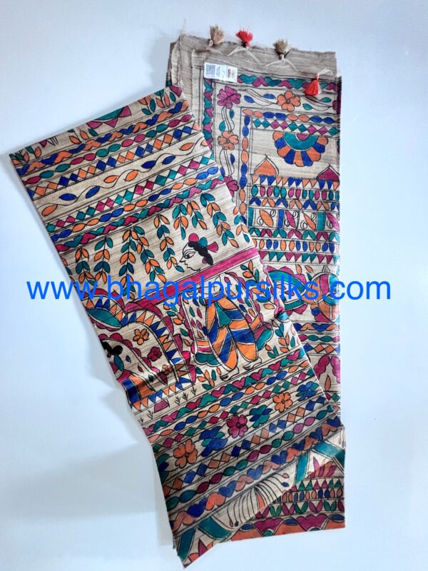 Full Madhubani Painted Ghicha Tussar Silk Saree - Image 5