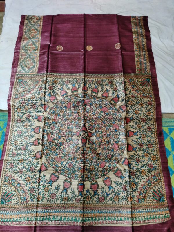 Madhubani Hand Painted Ghicha Tussar Silk Saree