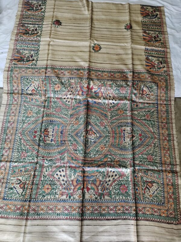 Madhubani Hand Painted Ghicha Tussar Silk Saree