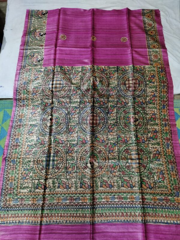 Madhubani Hand Painted Ghicha Tussar Silk Saree