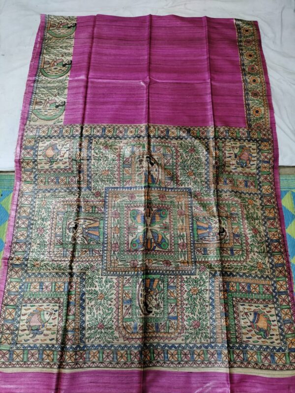 Madhubani Hand Painted Ghicha Tussar Silk Saree