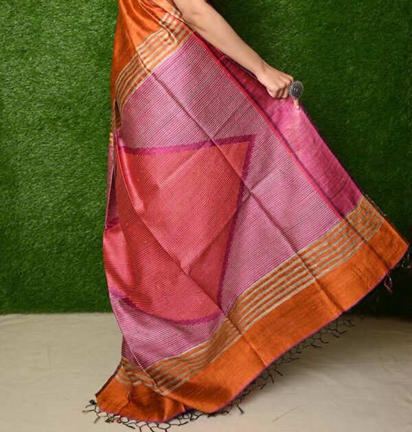 Handwoven Raw Dupion Silk Saree - Orange colour - Image 4