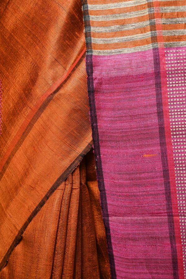 Handwoven Raw Dupion Silk Saree - Orange colour - Image 5